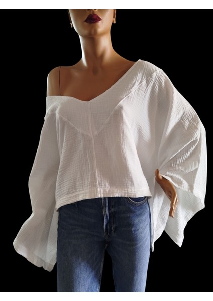 %100 Pamuk Ön V Kayık Yaka Salaş Bluz modelleri