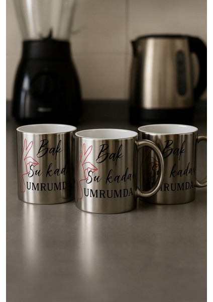 3 Lü Paket Yazı Baskı Büyük Boy Gümüş Çay Kupa Bardak