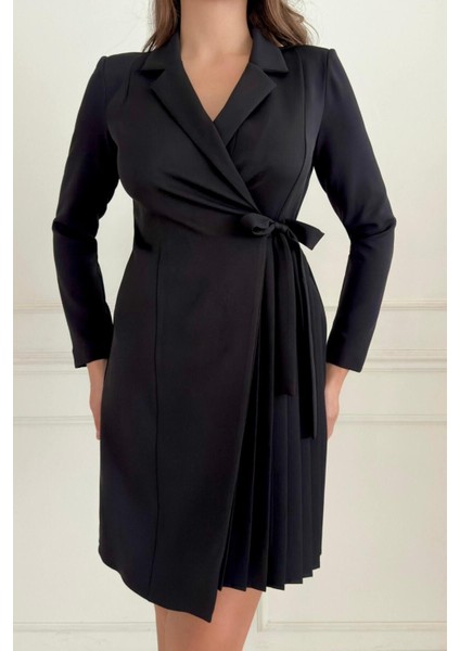 Ceket Yaka Kuşak Detaylı Eteği Piliseli Rahat Kesim Kadın Abiye Elbise 034