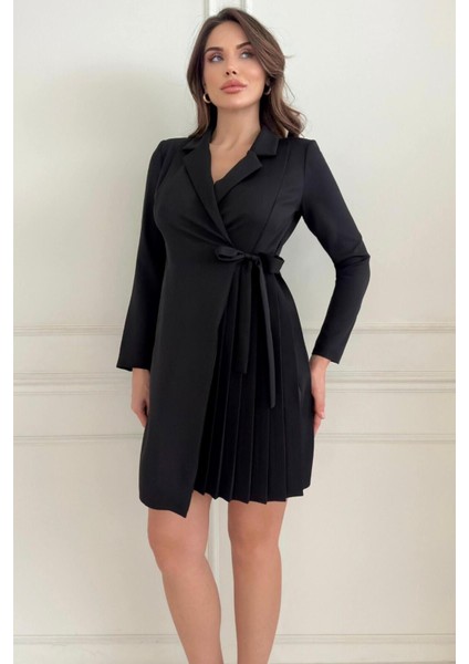 Ceket Yaka Kuşak Detaylı Eteği Piliseli Rahat Kesim Kadın Abiye Elbise 034 modelleri