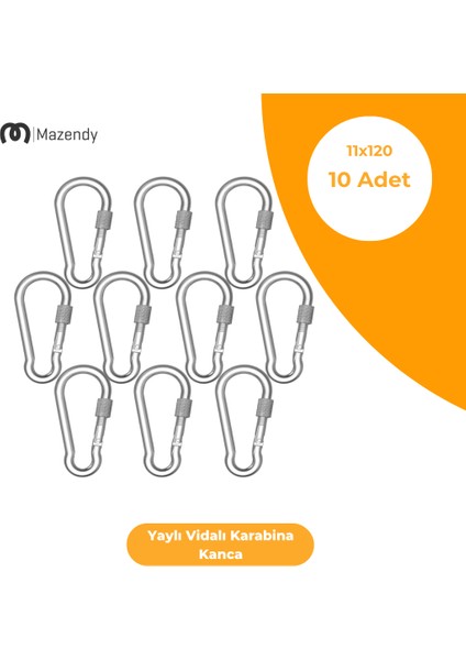 Vidalı Yaylı Karabina Kanca - 11X120 mm (10 Adet) - Kamp, Güvenlik, Emniyet, Anahtarlık