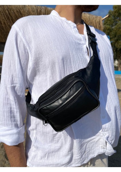 Hakiki Deri Siyah Çok Amaçlı Bel ve Omuz Çantası