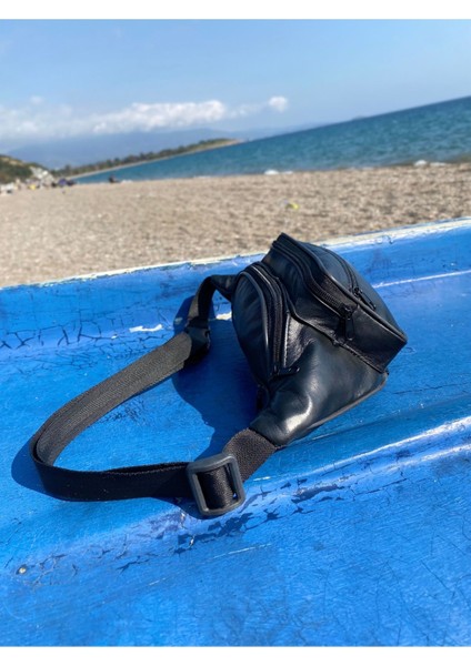 Hakiki Deri Siyah Çok Amaçlı Bel ve Omuz Çantası