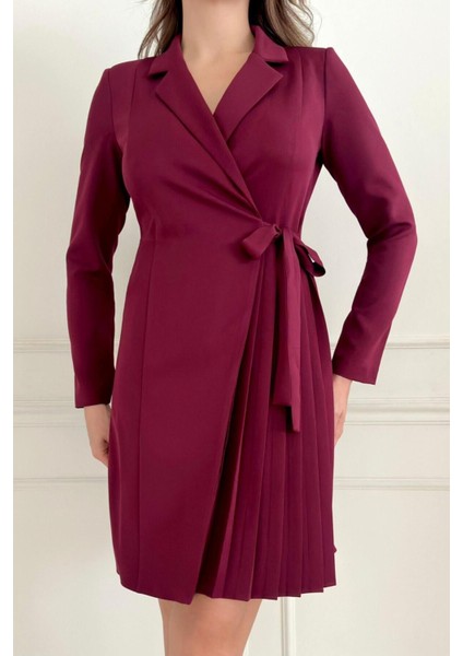 Ceket Yaka Kuşak Detaylı Eteği Piliseli Rahat Kesim Kadın Abiye Elbise 034