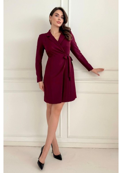 Ceket Yaka Kuşak Detaylı Eteği Piliseli Rahat Kesim Kadın Abiye Elbise 034 modelleri