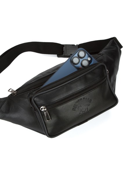 Siyah Unisex Deri Fermuarlı Ayarlanabilir Crossbody Omuz ve Bel Çantası