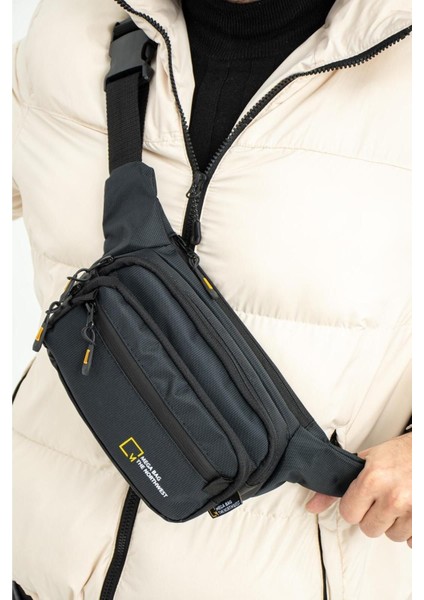 Suya Dayanıklı Dört Bölmeli Polyester Bel ve Göğüs Çantası, Siyah Renk