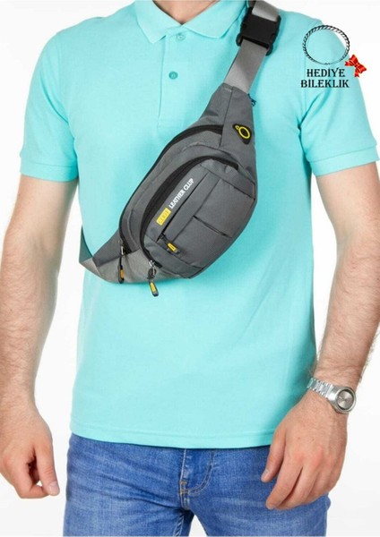 Su Geçirmez Unisex Çanta, Kumaş, Kulaklık Çıkışlı, Omuz ve Bel Askılı, Gri