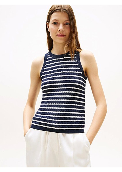 Kadın Pamuklu Ince Örgü Kolsuz Dar Kesim Mavi Kazak WW0WW457060BB fırsatları