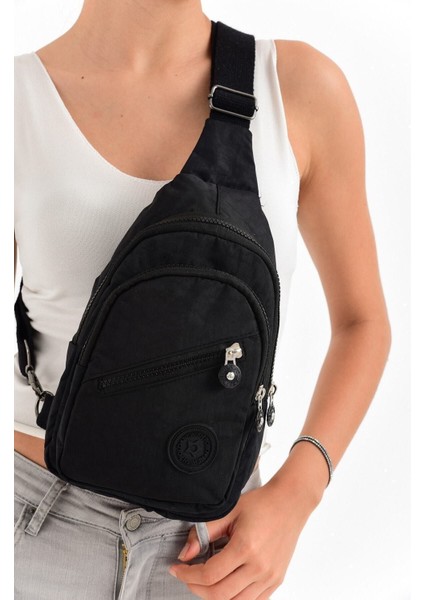 Unisex Siyah Üç Bölmeli Kumaş Bel ve Omuz Çantası