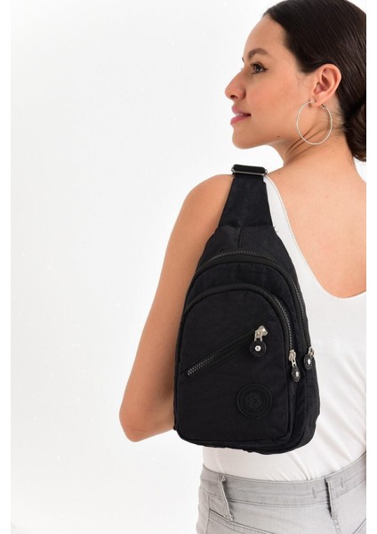 Unisex Siyah Üç Bölmeli Kumaş Bel ve Omuz Çantası fiyatları