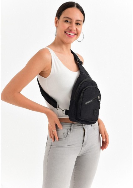 Unisex Siyah Üç Bölmeli Kumaş Bel ve Omuz Çantası modelleri