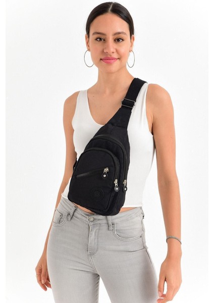 Unisex Siyah Üç Bölmeli Kumaş Bel ve Omuz Çantası fırsatları