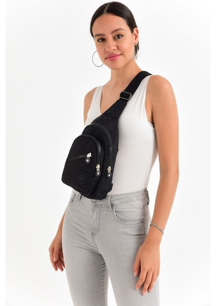 Unisex Siyah Üç Bölmeli Kumaş Bel ve Omuz Çantası indirimleri