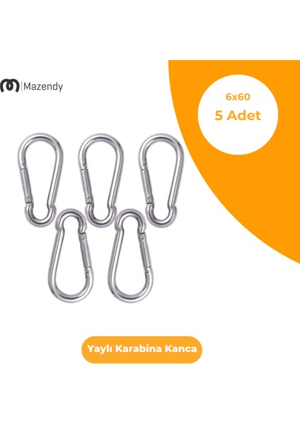 6X60 mm Düz Yaylı Karabina Kanca 5 Adet Paslanmaz Çelik Aparat