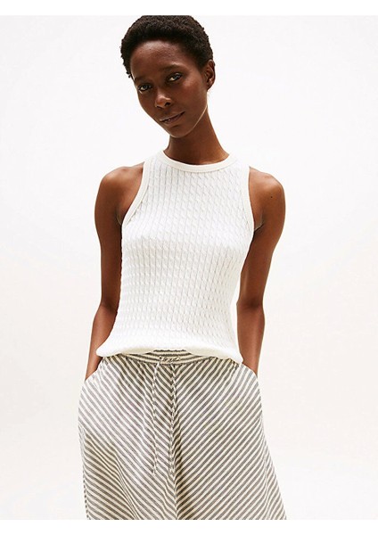 Kadın Pamuklu Ince Örgü Kolsuz Dar Kesim Beyaz Kazak WW0WW45706YA8