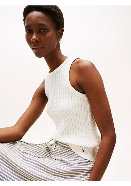 Kadın Pamuklu Ince Örgü Kolsuz Dar Kesim Beyaz Kazak WW0WW45706YA8 fiyatları