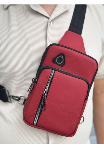 Bordo Bel ve Göğüs Çantası, Kulaklık Çıkışlı, Şık ve Kullanışlı Tasarım