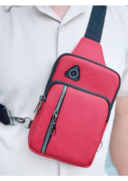 Kırmızı Çok Fonksiyonlu Deri ve Kumaş Çapraz Göğüs Sırt Çantası