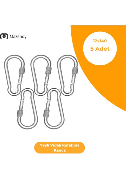 Vidalı Yaylı Karabina Kanca - 12X140 mm (5 Adet) - Kamp, Güvenlik, Emniyet, Anahtarlık
