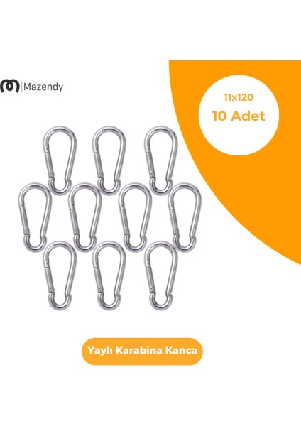 11X120 mm Düz Yaylı Karabina Kanca 10 Adet Paslanmaz Çelik Aparat
