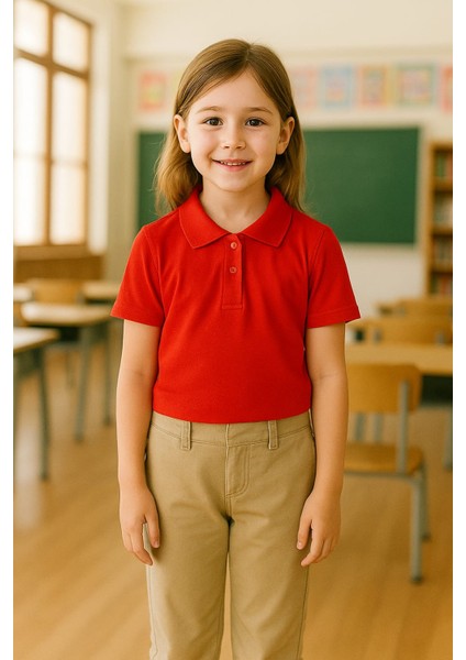 Kırmızı Okul T-Shirt , Kısa Kollu Polo Yaka Kız Erkek Çocuk 23 Nisan , Okuma Bayramı Tişört