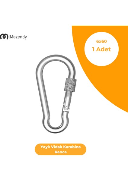Vidalı Yaylı Karabina Kanca - 6X60 mm (1 Adet) - Kamp, Güvenlik, Emniyet, Anahtarlık