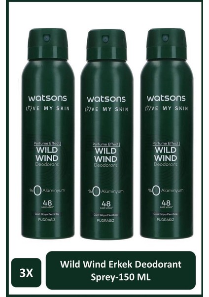 Wild Wind Deodorant Sprey Erkek Pudrasız 3x150ml