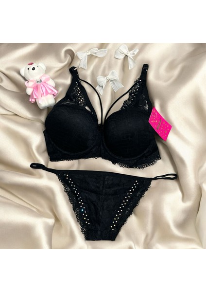 Taş Işlemeli Dantelli Destekli Sütyen Takımı