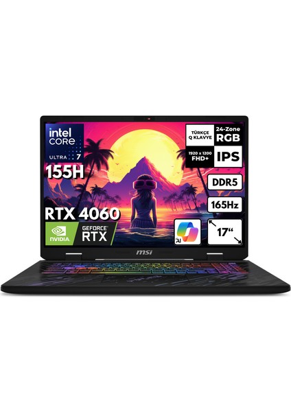 Msı Pulse 17 Aı Ultra 7-155H 16-GB DDR5 2 TB SSD RTX4060 (8GB-140W) 17" Fhd+ 165Hz Windows 11 Home Taşınabilir Bilgisayar C1VFKG-083XTRFR36