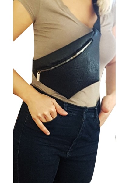 Şık Suni Deri Bel ve Omuz Çantası, Siyah Renkli, Kullanışlı ve Hafif Tasarım