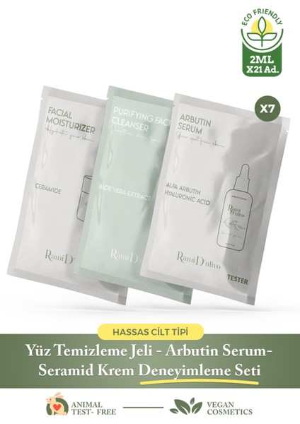 Hassas Ciltler İçin Cilt Bakım Seti – Arbutin Serum, Temizleyici ve Nemlendirici 21 x 2 ml