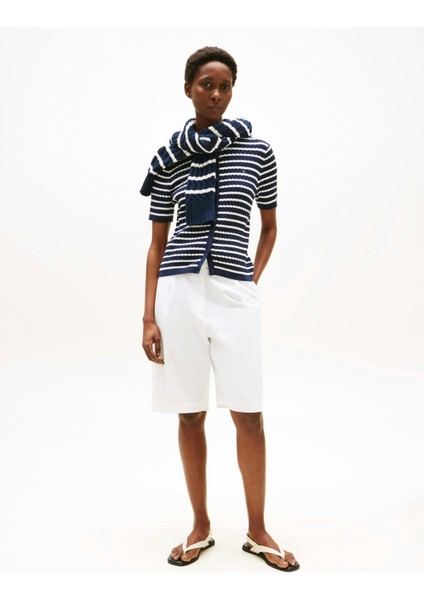 Kadın Pamuklu Ince Örgü Kısa Kollu Bisiklet Yaka Mavi Kazak WW0WW457070BB