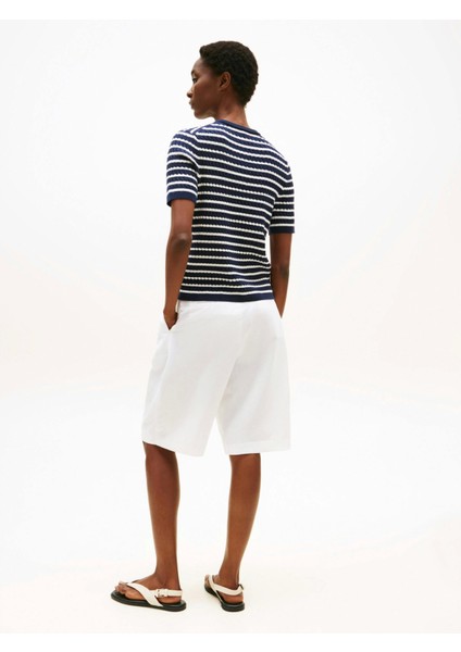 Kadın Pamuklu Ince Örgü Kısa Kollu Bisiklet Yaka Mavi Kazak WW0WW457070BB fiyatları