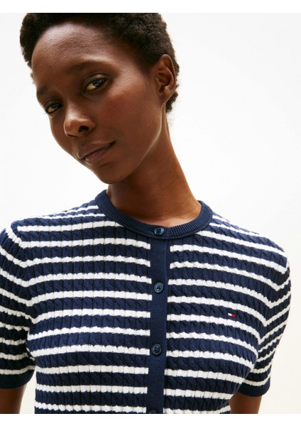 Kadın Pamuklu Ince Örgü Kısa Kollu Bisiklet Yaka Mavi Kazak WW0WW457070BB fırsatları