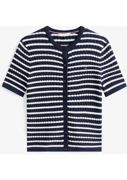 Kadın Pamuklu Ince Örgü Kısa Kollu Bisiklet Yaka Mavi Kazak WW0WW457070BB indirimleri