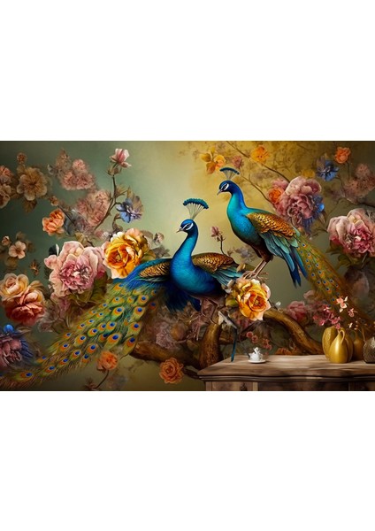 Renkli Tavus Kuşları Manzara Kanvas Tablo