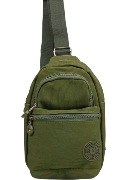 Haki Krinkıl Bodybag Çapraz Askılı 3 Gözlü Örgü Kemerli, Sağ ve Sol Yön Kullanım