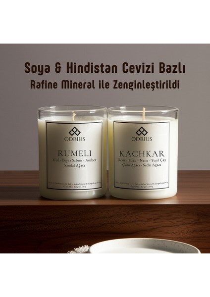 Zarif Mevsim Geçişi Kokulu Mum Seti – Gül, Sandal Ağacı, Çam, Sedir – 2’li Premium Mum – Soya & Hindistan Cevizi Bazlı ve Rafine Mineral ile Zenginleştirilmiş Özgün Mum Karışımı – (2x150g) - ODRIUS