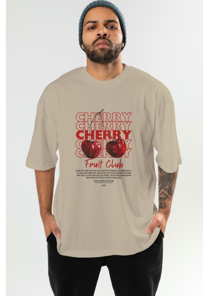 Cherry Ön Baskılı Bej Oversize T-Shirt Erkek Kadın Pamuk Bisiklet Yaka Tişort fiyatları