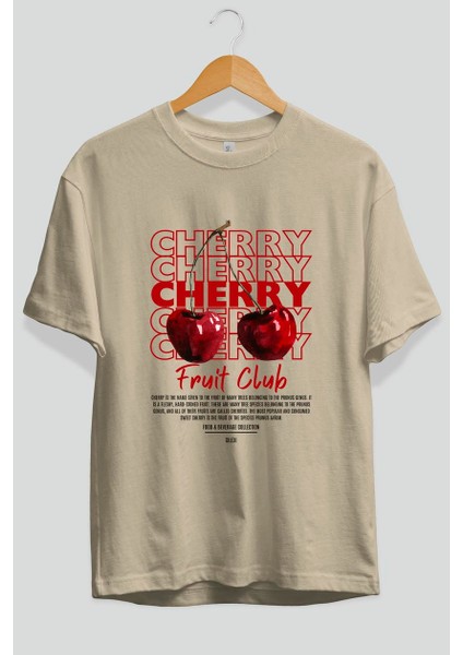 Cherry Ön Baskılı Bej Oversize T-Shirt Erkek Kadın Pamuk Bisiklet Yaka Tişort modelleri