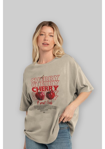 Cherry Ön Baskılı Bej Oversize T-Shirt Erkek Kadın Pamuk Bisiklet Yaka Tişort fırsatları