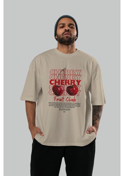 Cherry Ön Baskılı Bej Oversize T-Shirt Erkek Kadın Pamuk Bisiklet Yaka Tişort indirimleri