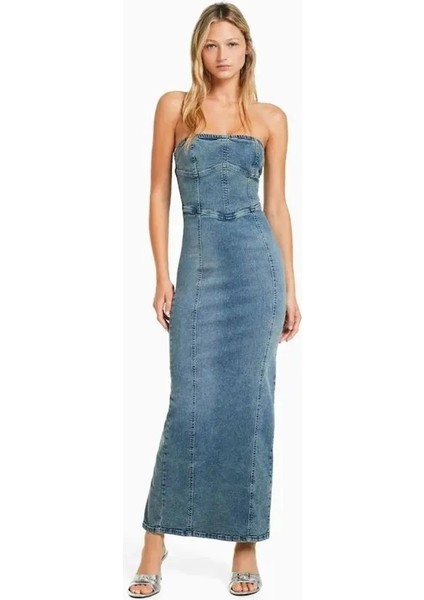 Allbucks Bershka, Straplez Yırtmaçlı Streç Uzun Midi Denim Elbise ABBRS0010
