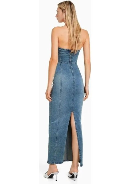 Allbucks Bershka, Straplez Yırtmaçlı Streç Uzun Midi Denim Elbise ABBRS0010 fiyatları