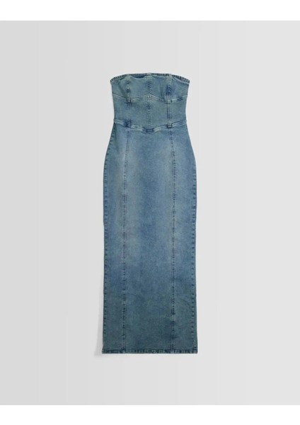 Allbucks Bershka, Straplez Yırtmaçlı Streç Uzun Midi Denim Elbise ABBRS0010 modelleri