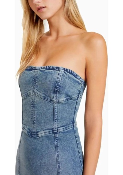 Allbucks Bershka, Straplez Yırtmaçlı Streç Uzun Midi Denim Elbise ABBRS0010 indirimleri