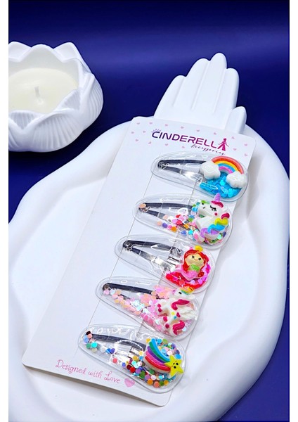 5li Renkli Kalp Dolgulu Çıtçıt Kız Çocuk Toka Seti - Unicorn Gökkuşağı Deniz Kızı Çıt Çıt Saç Tokası