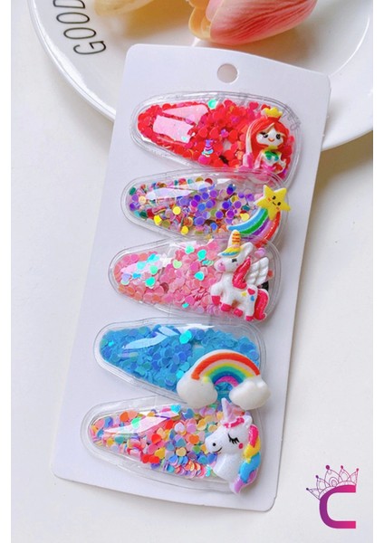 5li Renkli Kalp Dolgulu Çıtçıt Kız Çocuk Toka Seti - Unicorn Gökkuşağı Deniz Kızı Çıt Çıt Saç Tokası fiyatları