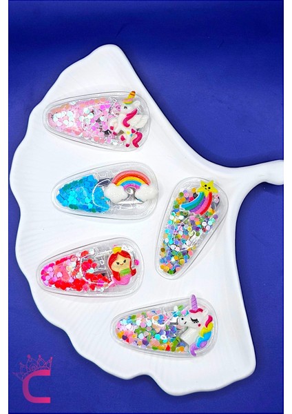 5li Renkli Kalp Dolgulu Çıtçıt Kız Çocuk Toka Seti - Unicorn Gökkuşağı Deniz Kızı Çıt Çıt Saç Tokası modelleri